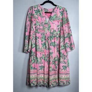 LILLY PULITZER Martine Long Sleeve Dress Small Pink Green Ruffle Tropical Beach